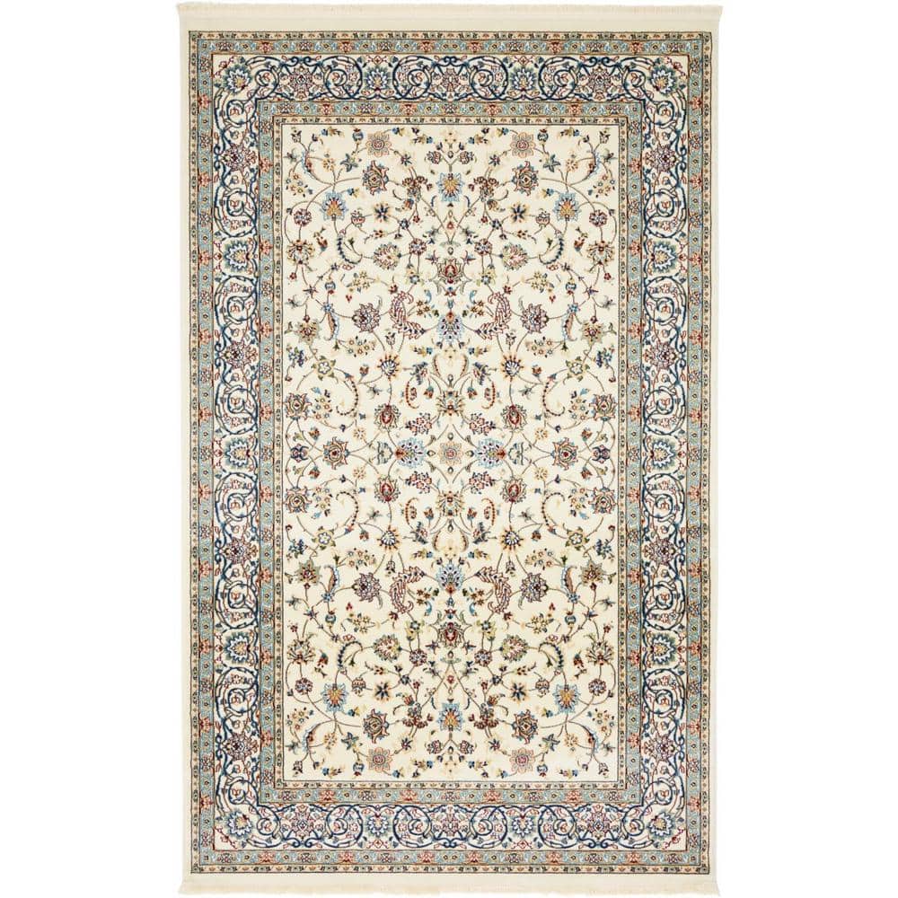 Ivory Floral Synthetic Stain-Resistant Rectangular Area Rug