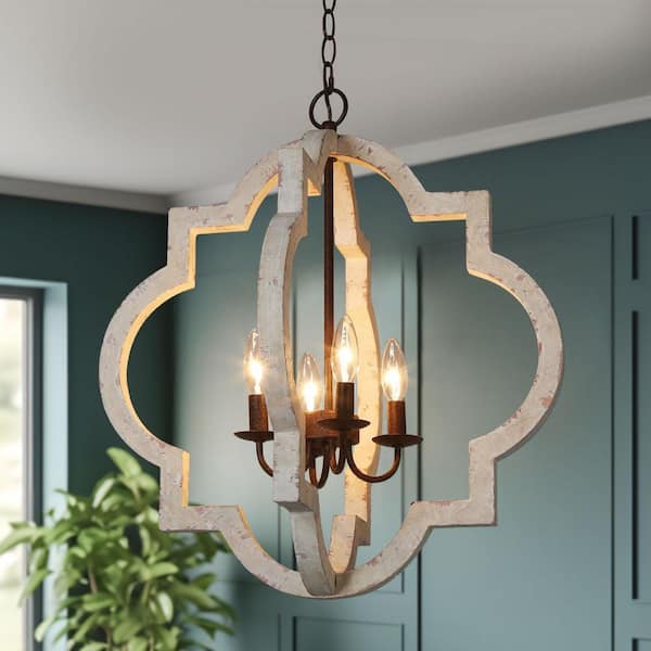Unbranded 4-Light Lantern Cage Chandelier with Wood Island Candlestick Shades, Perfect for Creating a Cozy Home Atmosphere
