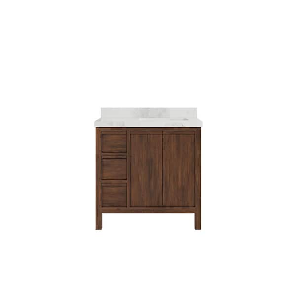 Willow Collections Elizabeth Teak 36 in. W x 22 in. D x 36 in. H Right Offset Sink Bath Vanity in Dark Walnut with 2" Calacatta Nuvo Top