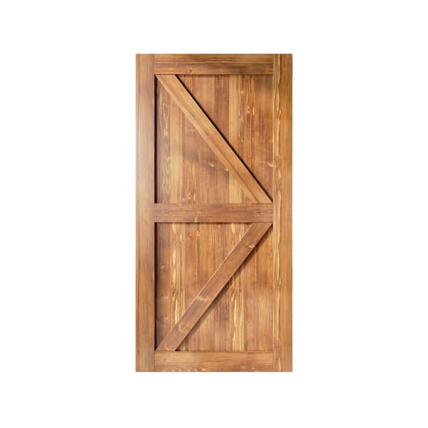 HOMACER 60 in. x 84 in. K-Frame Early American Solid Natural Pine Wood Panel Interior Sliding Barn Door Slab with Frame