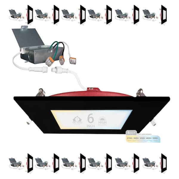 NuWatt 6 in. Black Square 2HR Fire Rated Canless 5CCT Select New Construction 15-Watt Integrated LED Recessed Lighting Kit 12PK
