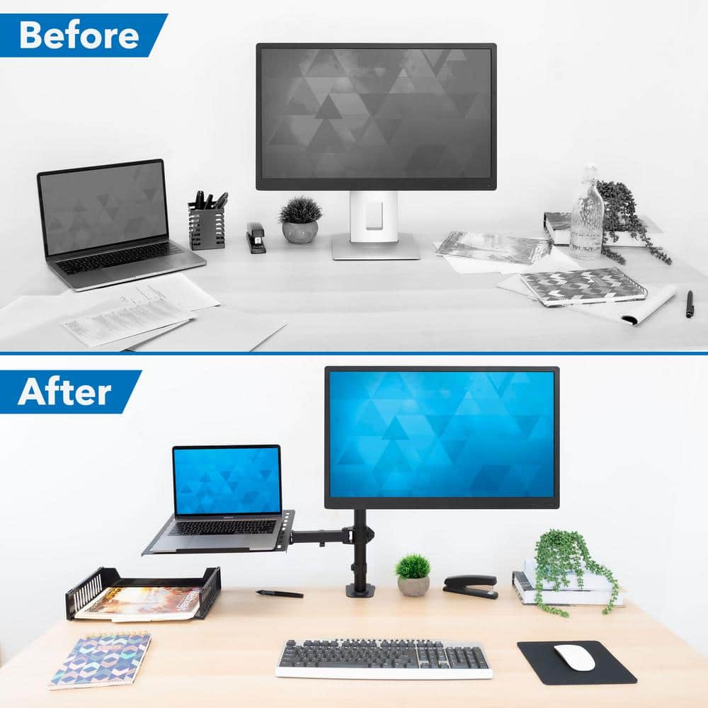 Adjustable Black Dual Laptop and Monitor Desk Mount with Ventilated Tray