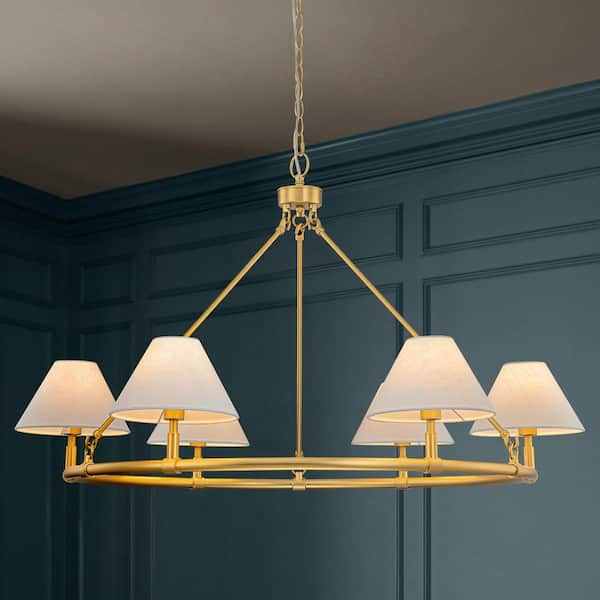 Cathy 6-Light Modern Farmhouse Fabric Gold Wagon Wheel Chandelier for Dining Room