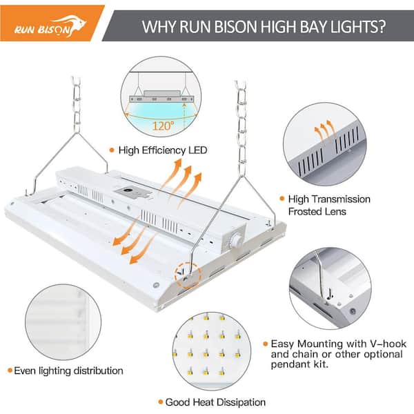 RUN BISON 2 ft. 800-Watt Equivalent Integrated LED Dimmable High Bay Light with 120-277V 28,350lm 5000K Daylight (2-Pack)