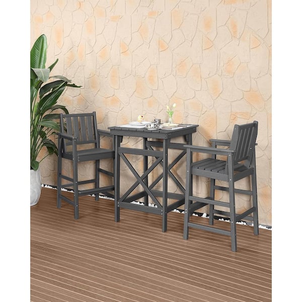 3-Piece Gray HDPE Plastic Outdoor Bar Set with Square Bar Table