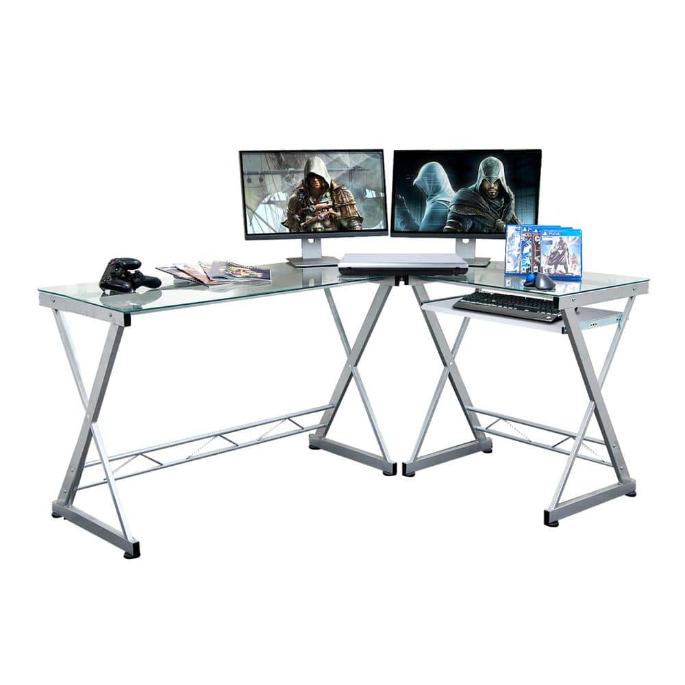Clihome 61.75 in. L-Shaped Clear Computer Desk with Pull Out