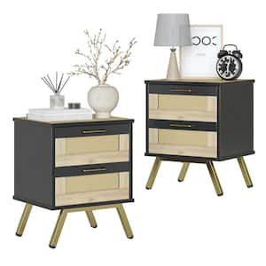 2-Drawers Black Modern Rattan Beside End Table Bedroom Nightstand with Gold Legs, Set of 2