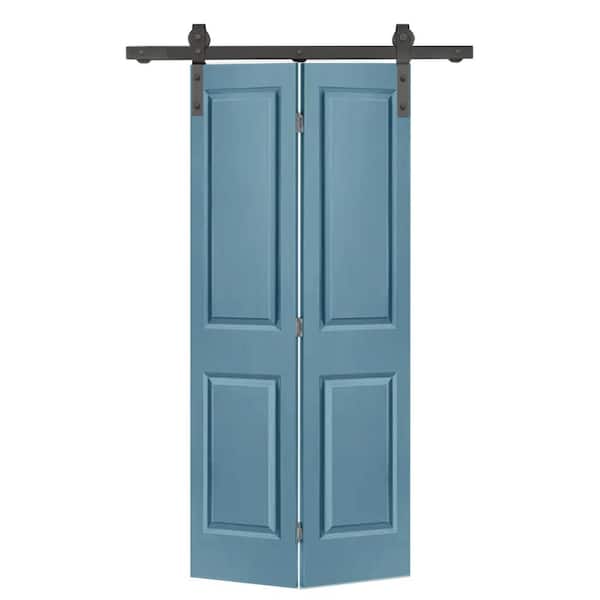 CALHOME 24 in. x 80 in. 2 Panel Dignity Blue Painted MDF Composite Bi-Fold Barn Door with Sliding Hardware Kit