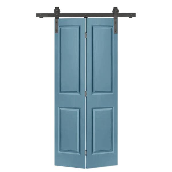 CALHOME 30 in. x 80 in. 2 Panel Dignity Blue Painted MDF Composite Bi-Fold Barn Door with Sliding Hardware Kit