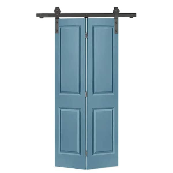 CALHOME 30 in. x 80 in. 2 Panel Dignity Blue Painted MDF Composite Bi-Fold Barn Door with Sliding Hardware Kit