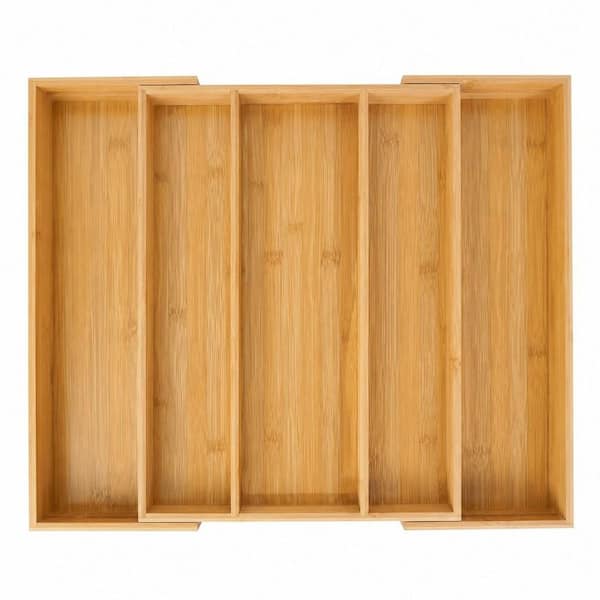 Bamboo 17 in. x 22 in. x 2 in. 5 Slot Adjustable Kitchen Drawer Cutlery Tray Organizer Drawer Divider, Kitchen Bedroom