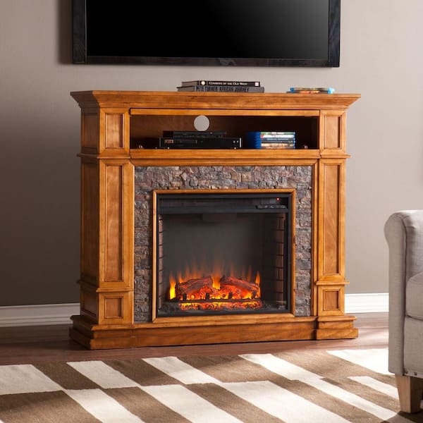 Southern Enterprises Ethan 45 in. Simulated Stone Media Center Electric Fireplace TV Stand in Faux Black River Stone