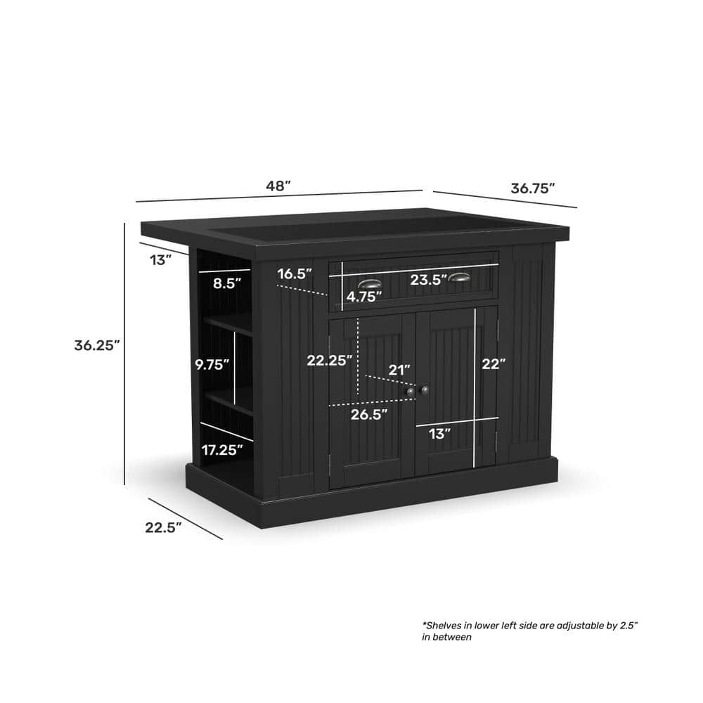 Nantucket 48" Distressed Black Wood Kitchen Island with Granite Top