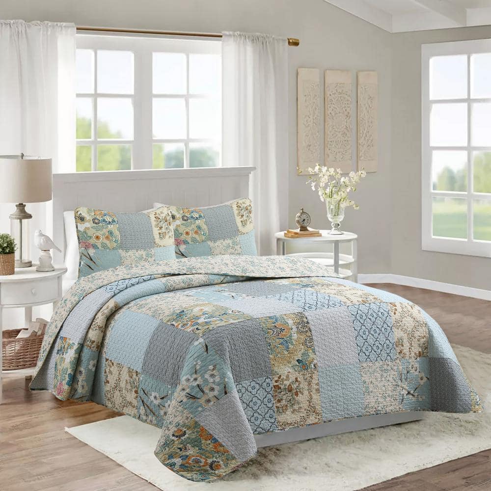 Floral Patens Ogee Sky Blue Patchwork Queen Cotton Quilt Bedding Set