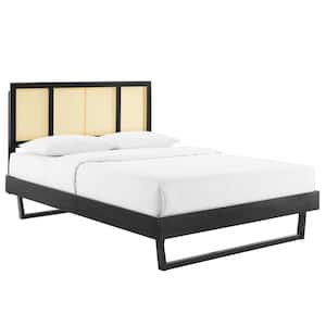Kelsea Black Cane and Wood King Platform Bed with Angular Legs