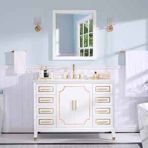 48 in. W x 22 in. D x 35 in. H Single Sink Freestanding Bathroom Vanity Mirror Set in White with White Quartz Top