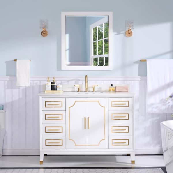 ANGELES HOME 48 in. W x 22 in. D x 35 in. H Single Sink Freestanding Bathroom Vanity Mirror Set in White with White Quartz Top