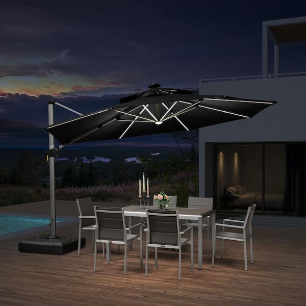 12 ft. Octagon Aluminum Solar Powered LED Patio Cantilever Offset Umbrella with Stand, Black