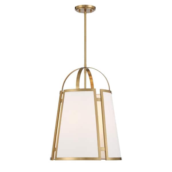 Savoy House Chartwell 60-Watt 4-Light Warm Brass Pendant Light with White Linen Fabric Shade, No Bulbs Included