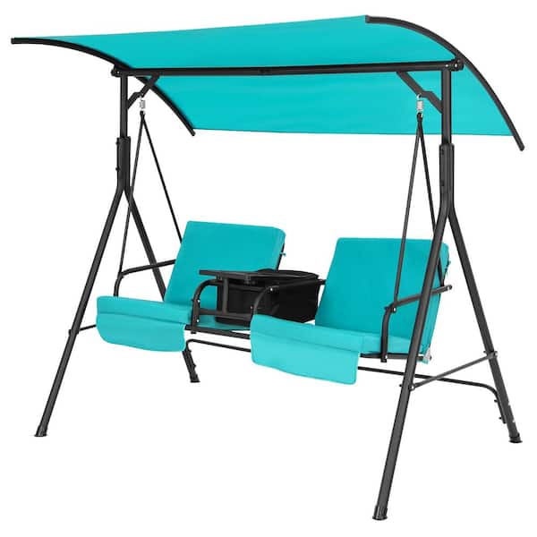 WELLFOR 2-Person Metal Patio Swing with Adjustable Canopy Cushions 360-Degree Rotatable Tray Table with Cup Holder in Turquoise
