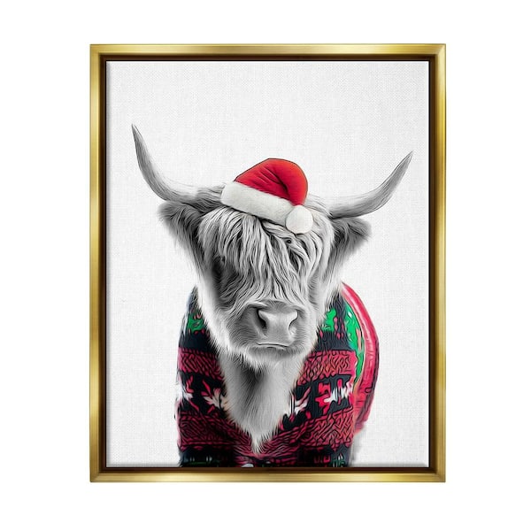 Stupell Industries Cow in Christmas Sweater by Annalisa Latella 1-Piece Floater Frame Graphic Print Animal Poster Art Print 21 in. x 17 in.