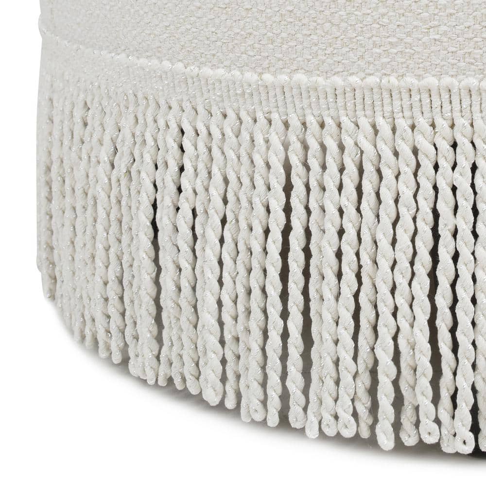 Alabaster Off-White Tufted Round Ottoman with Fringe