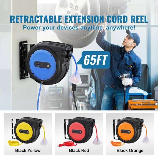 65 ft., 12 Gauge / 3 Conductors, 15 Amps Retractable Extension Cord Reel with 3-Outlets. Heavy Duty 12AWG/3C SJTOW Cord