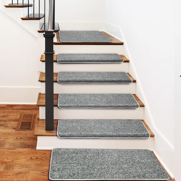 Gray 9.5 in. x 30 in. x 1.2 in. Bullnose Polypropylene Non-slip Carpet Stair Treads Cover With Landing Mat (Set of 15)