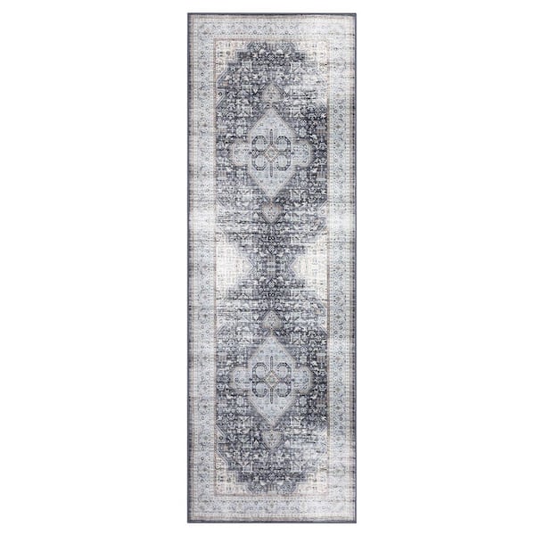 Machine Washable Carpet Retro Print Rug Anti-fouling and Anti-slip for Bedroom Living Room Office Black Gray，2*6ft