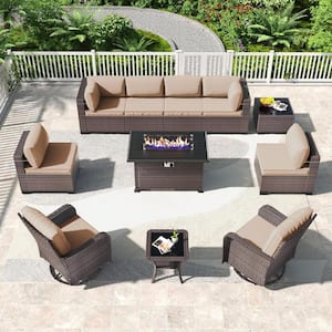 11-Piece Wicker Patio Conversation Set with Fire Pit Table, Glass Coffee Table, Swivel Rocking Chairs and Cushion Sand