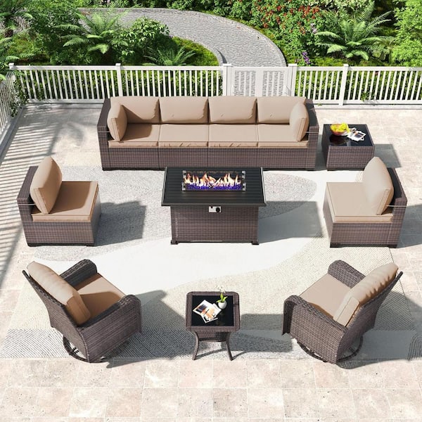 Halmuz 11-Piece Wicker Patio Conversation Set with Fire Pit Table, Glass Coffee Table, Swivel Rocking Chairs and Cushion Sand