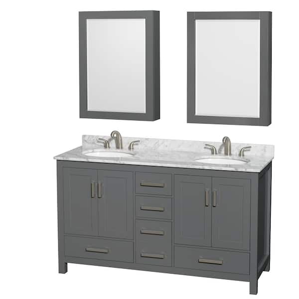 Wyndham Collection Sheffield 60 in. W x 22 in. D x 35 in. H Double Bath Vanity in Dark Gray with White Carrara Marble Top and MC Mirrors