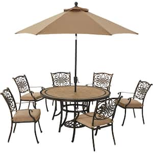 Monaco 7-Piece Aluminum Outdoor Dining Set with Tan Cushions, 6 Chairs, 60 in. Tile-Top Table and 9 ft. Umbrella