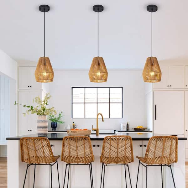 1 Light Farmhouse Brown Boho Pendant Light with Hemp Rope Shade, No Bulbs Included (3-Pack)