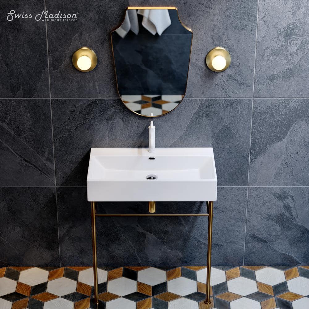 Claire 30" White Ceramic Console Sink with Brushed Gold Legs