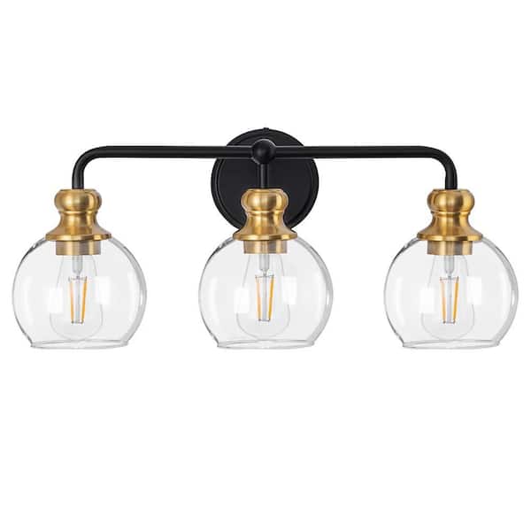 LAZYTIME HOME DECOR INC 22.5 in. 3 Light Matt Black Paint/Gold Plating Vanity Light with Clear Glass Shade