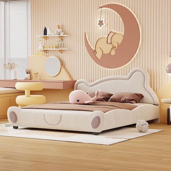 Harper & Bright Designs Beige Wood Frame Queen Velvet Upholstered Platform Bed with Bear-Shaped Headboard and Footboard, Bed-End Storage Pocket