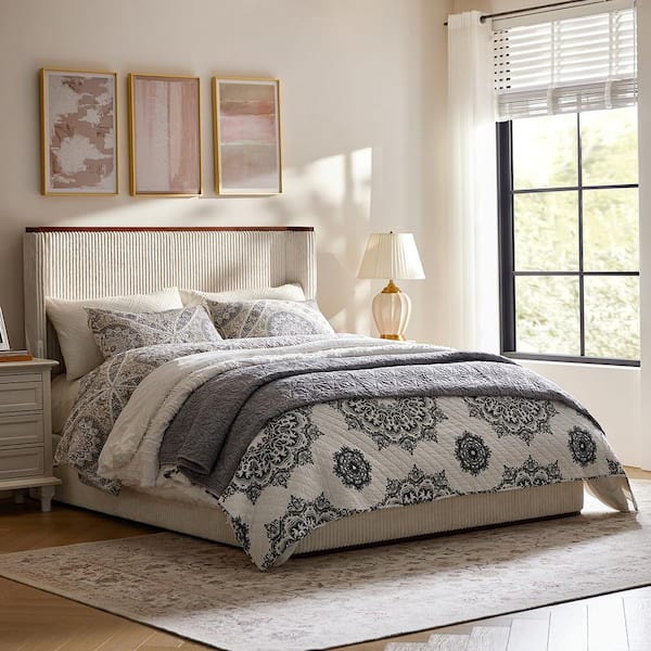 Cleo Cream Beige Wood Frame Queen Platform Bed with Hydraulic Lift Storage