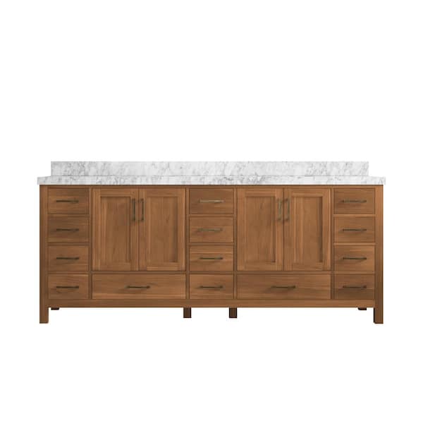 Willow Collections Malibu Teak 84 in. W x 22 in. D x 36 in. H Double Sink Bath Vanity in Gold Teak with 2" Carrara Marble Top