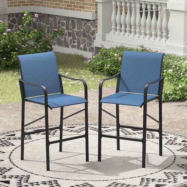 Blue Outdoor Bar Stool, Patio Bar Height Textilene Chairs with Armrest (6-Pack)