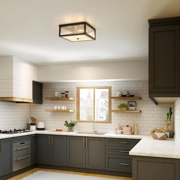 Nathan 12.2 in. 4-Light Industrial Black Square Flush Mount Ceiling Light with Clear Glass Rods