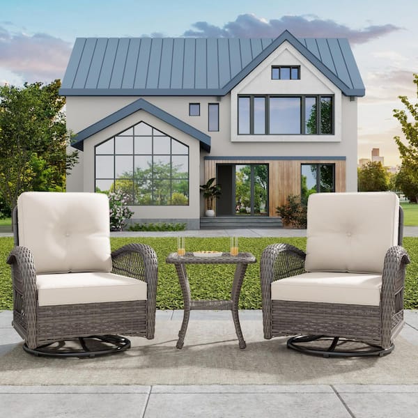 LATTOY 3-Piece Wicker Outdoor Rocking Chair Patio Conversation Set Swivel Chairs Sectional with Beige Cushions and Side Table
