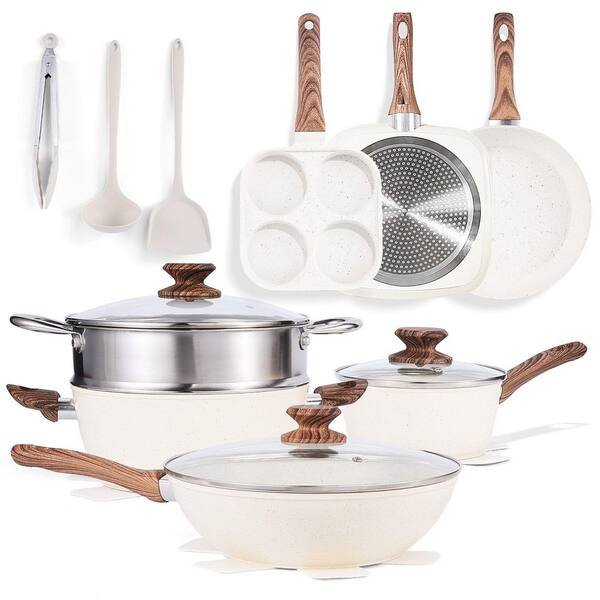 17 Pieces Rust-proof Aluminum Nonstick Cookware Set with Handles and Glass Lids in White