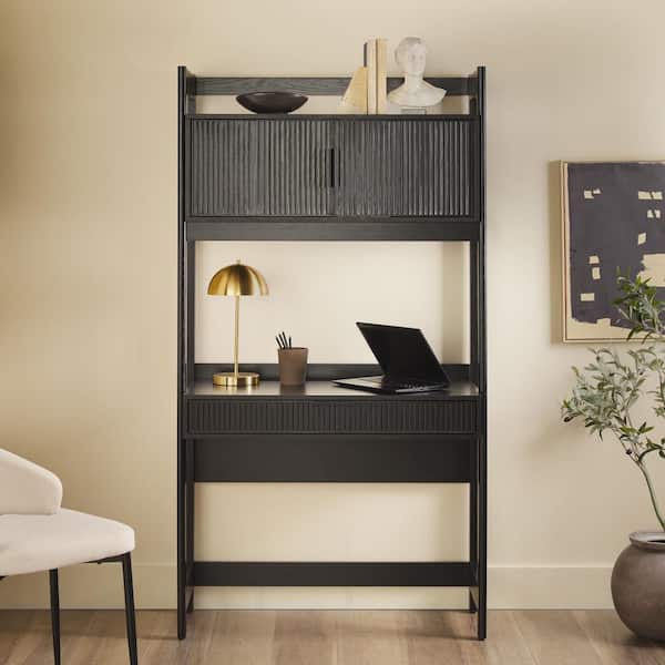 Walker Edison Furniture Company Modern 38 in. Rectangular Black Wood 1-Drawer Desk with Hutch and Reeded Storage