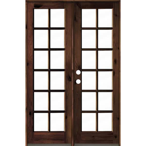 Krosswood Doors 64 in. x 96 in. French Knotty Alder Wood 12-Lite Clear Glass red mahogony Stain Right Active Double Prehung Front Door