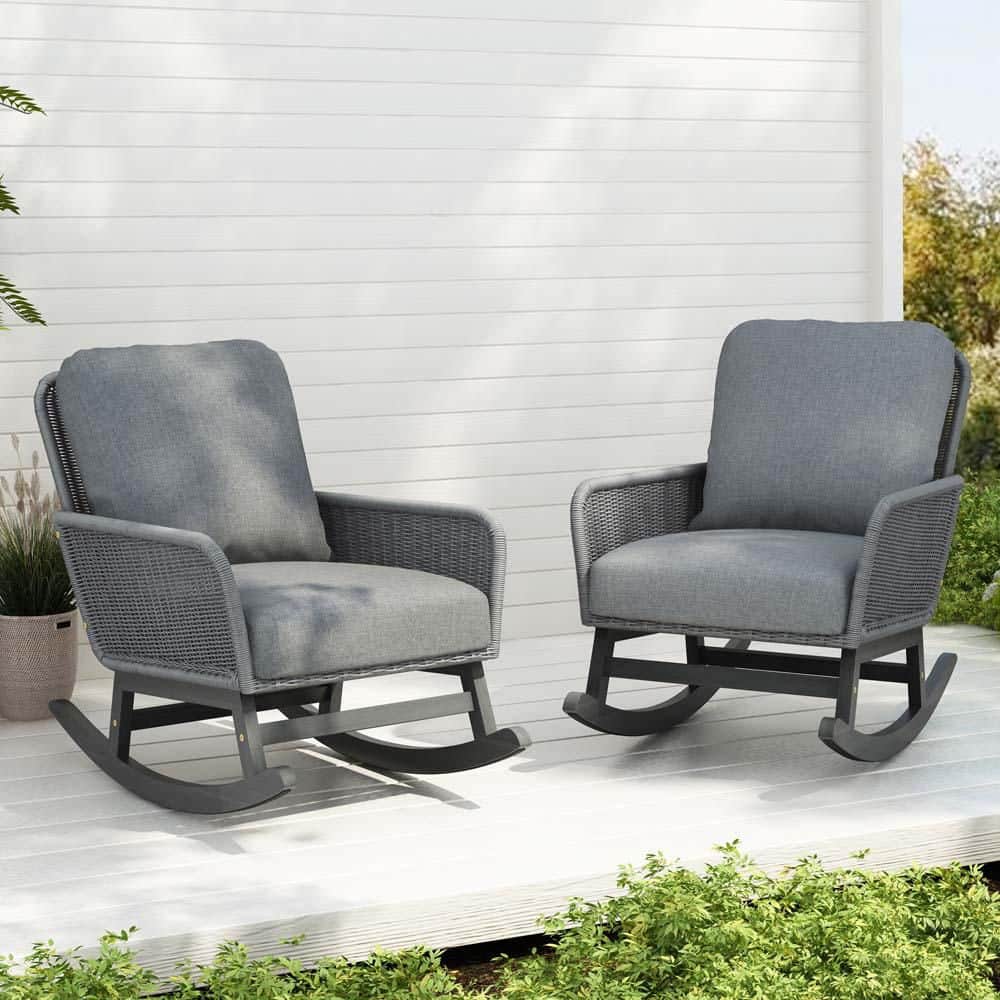 Gray Wood Outdoor Rocking Chair with Gray Cushion,Outdoor Wicker ...