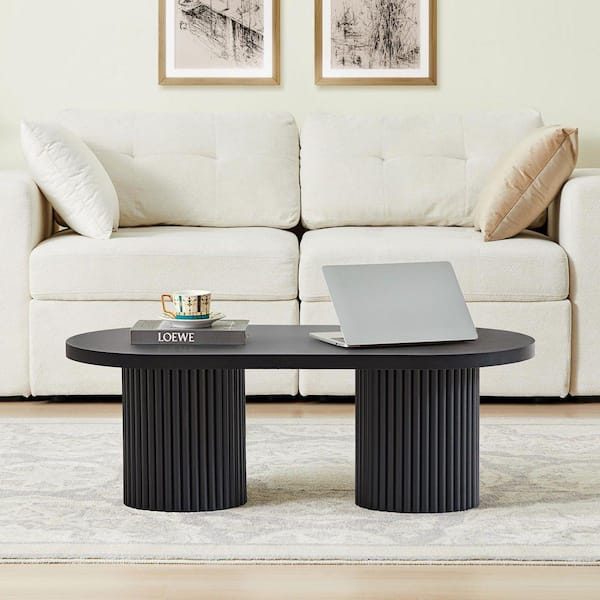 ATHMILE 39.38 in. Multi-Scenario Black Oval MDF Coffee Table BK