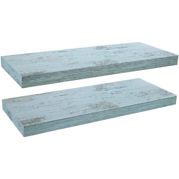 9 in. x 24 in. x 1.5 in. Rustic Blue Distressed Wood Decorative Wall Shelves with Brackets (2-Pack)
