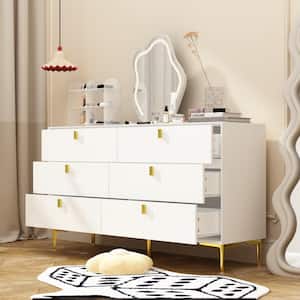 White 6-Drawers 55.1 in. Width Classic Wooden Chest of Drawers, Dresser, Storage Cabinet with Golden Legs and Handles