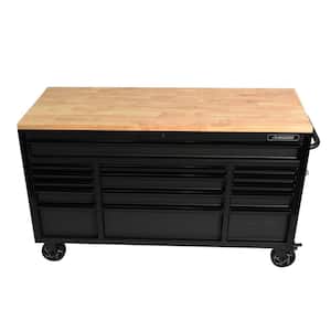 61 in. W x 23 in. D Heavy Duty 15-Drawer Mobile Workbench Tool Chest with Solid Wood Top in Matte Black